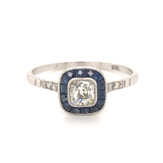 .40 Old Mine Cut Diamond & Sapphire Ring in Platinum