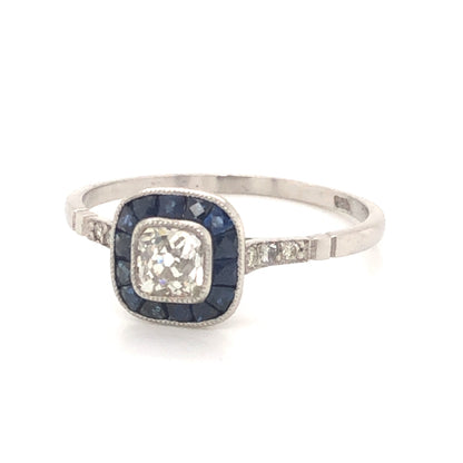.40 Old Mine Cut Diamond & Sapphire Ring in Platinum