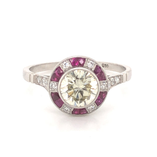 1.12 Fancy Light Yellow Diamond & Ruby Ring in Platinum