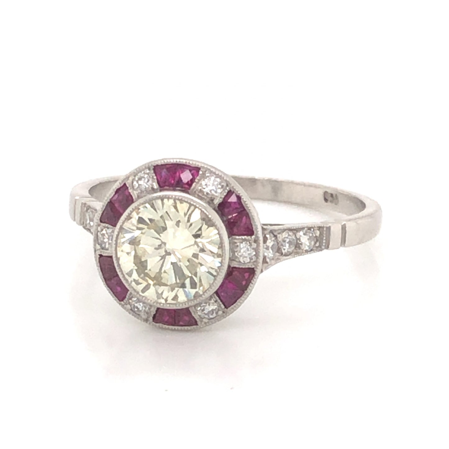 1.12 Fancy Light Yellow Diamond & Ruby Ring in Platinum