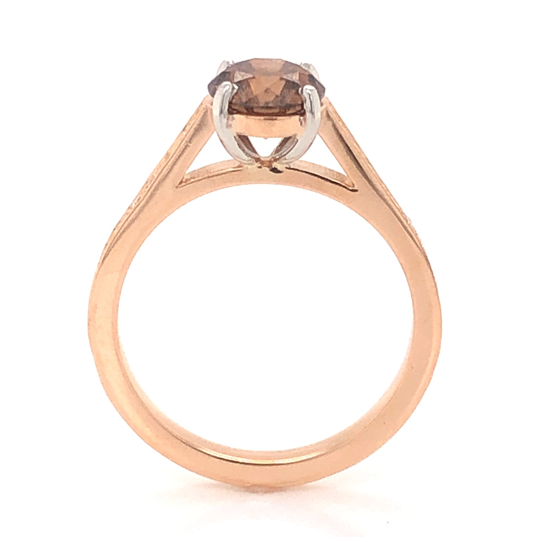 1.15 Chocolate Diamond Engagement Ring in 18K Rose GoldComposition: PlatinumRing Size: 6.25Total Diamond Weight: 1.39 ctTotal Gram Weight: 3.5 gInscription: 750 PT 900