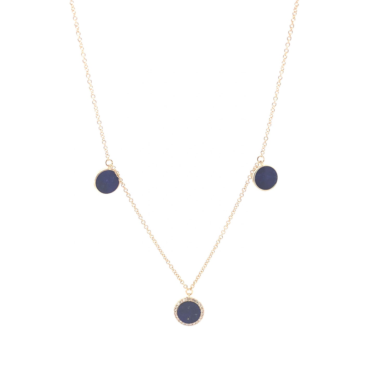 Round Cut Lapis Lazuli & Diamond Necklace in 14k Yellow Gold
