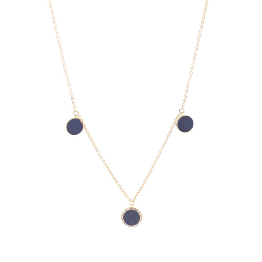 Round Cut Lapis Lazuli & Diamond Necklace in 14k Yellow Gold