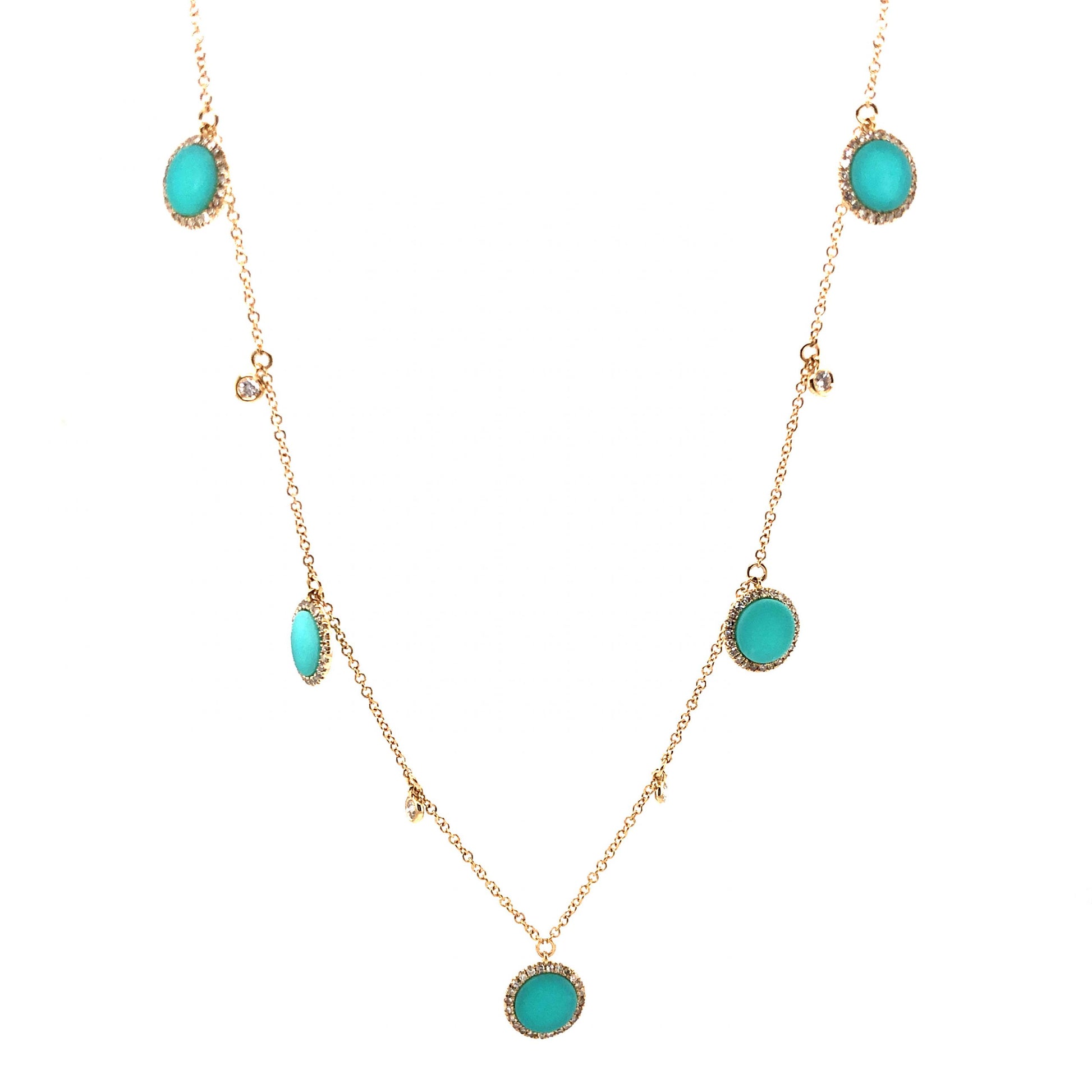 Round Cut Turquoise & Diamond Necklace in 14k Yellow Gold
