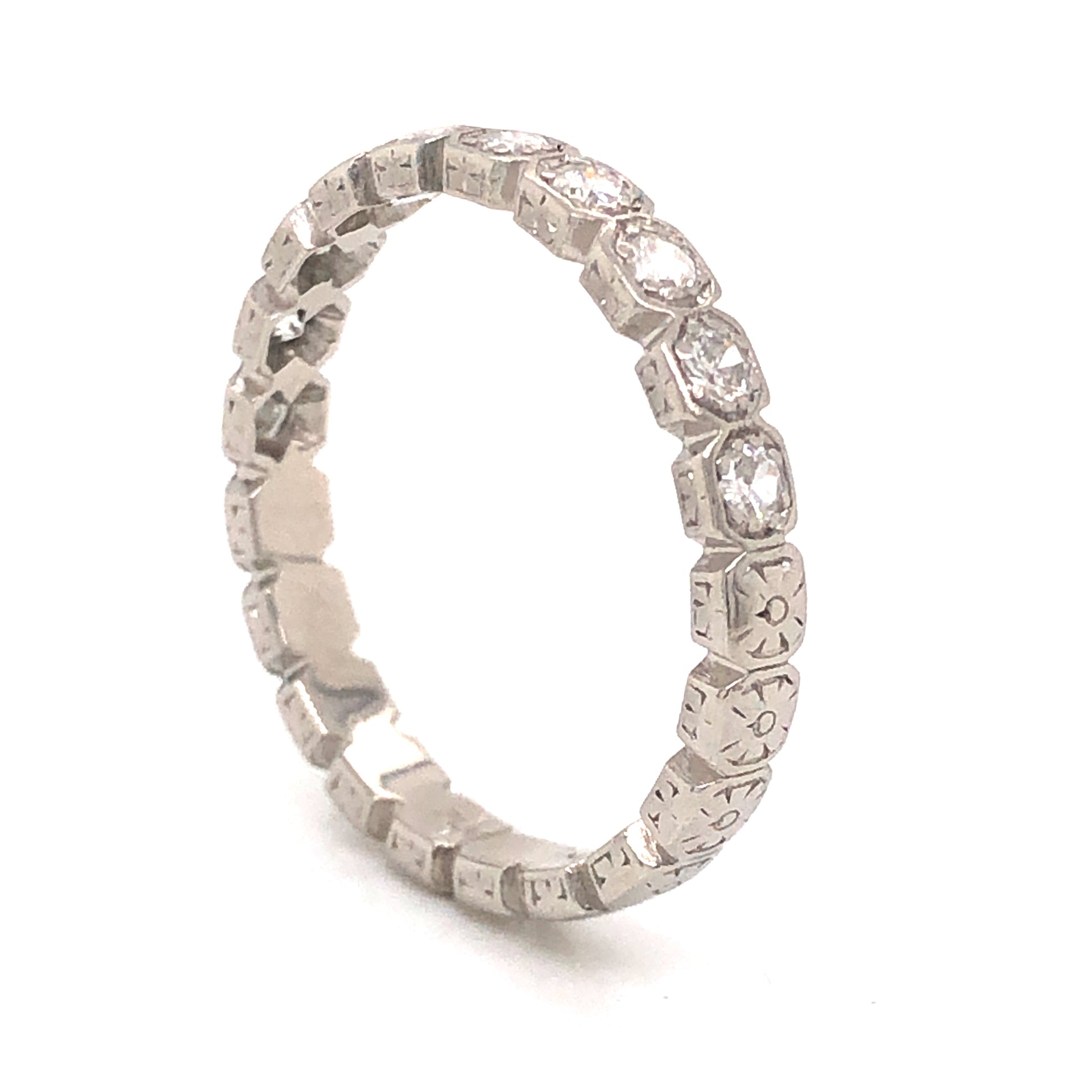 .50 Art Deco Bezel Diamond Wedding Band in PlatinumComposition: PlatinumRing Size: 7Total Diamond Weight: .50 ctTotal Gram Weight: 3.4 gInscription: PLATINUM