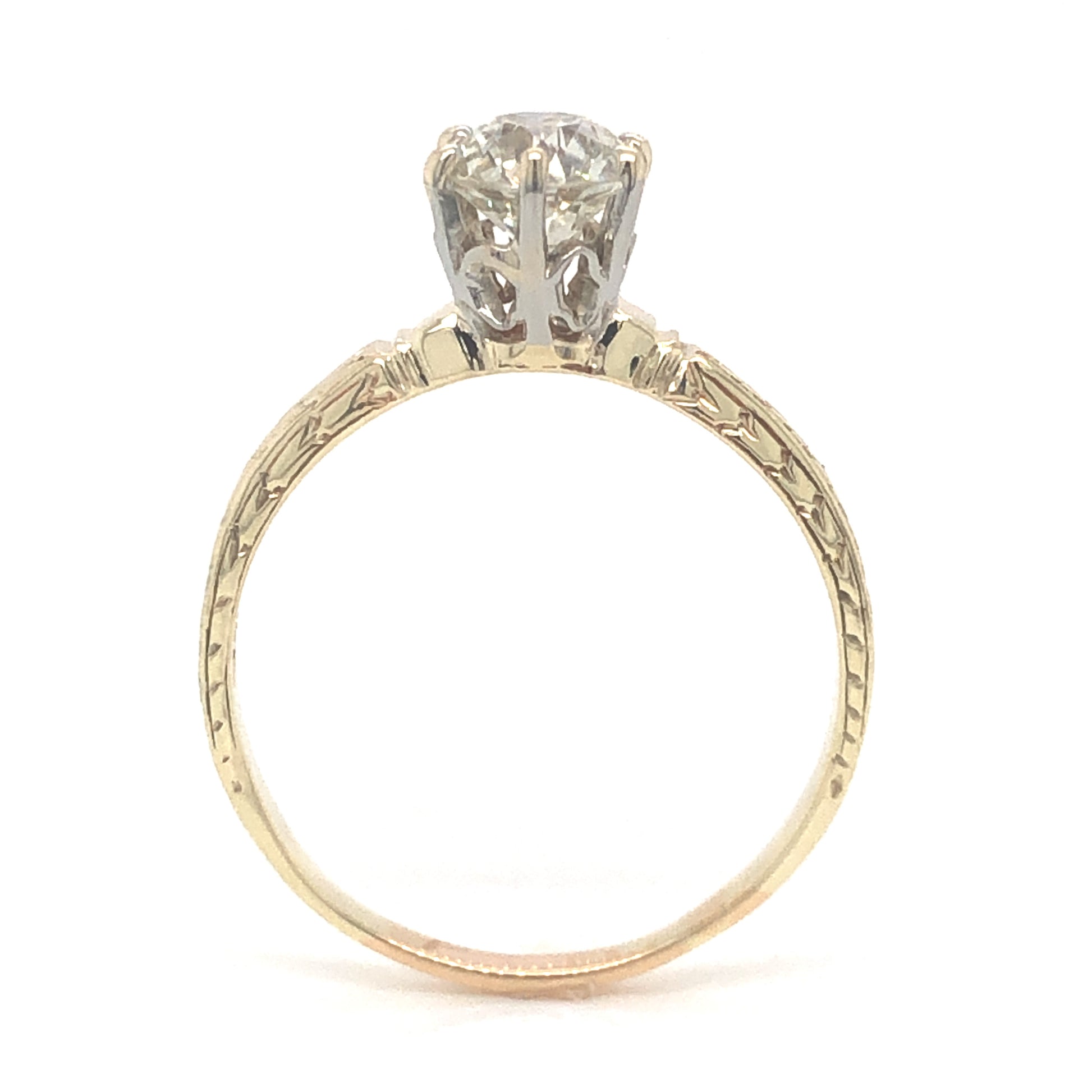 .77 Art Deco Solitaire Diamond Engagement Ring in 14k Yellow GoldComposition: Platinum Ring Size: 6.25 Total Diamond Weight: .77ct Total Gram Weight: 2.08 g Inscription: 14k
      