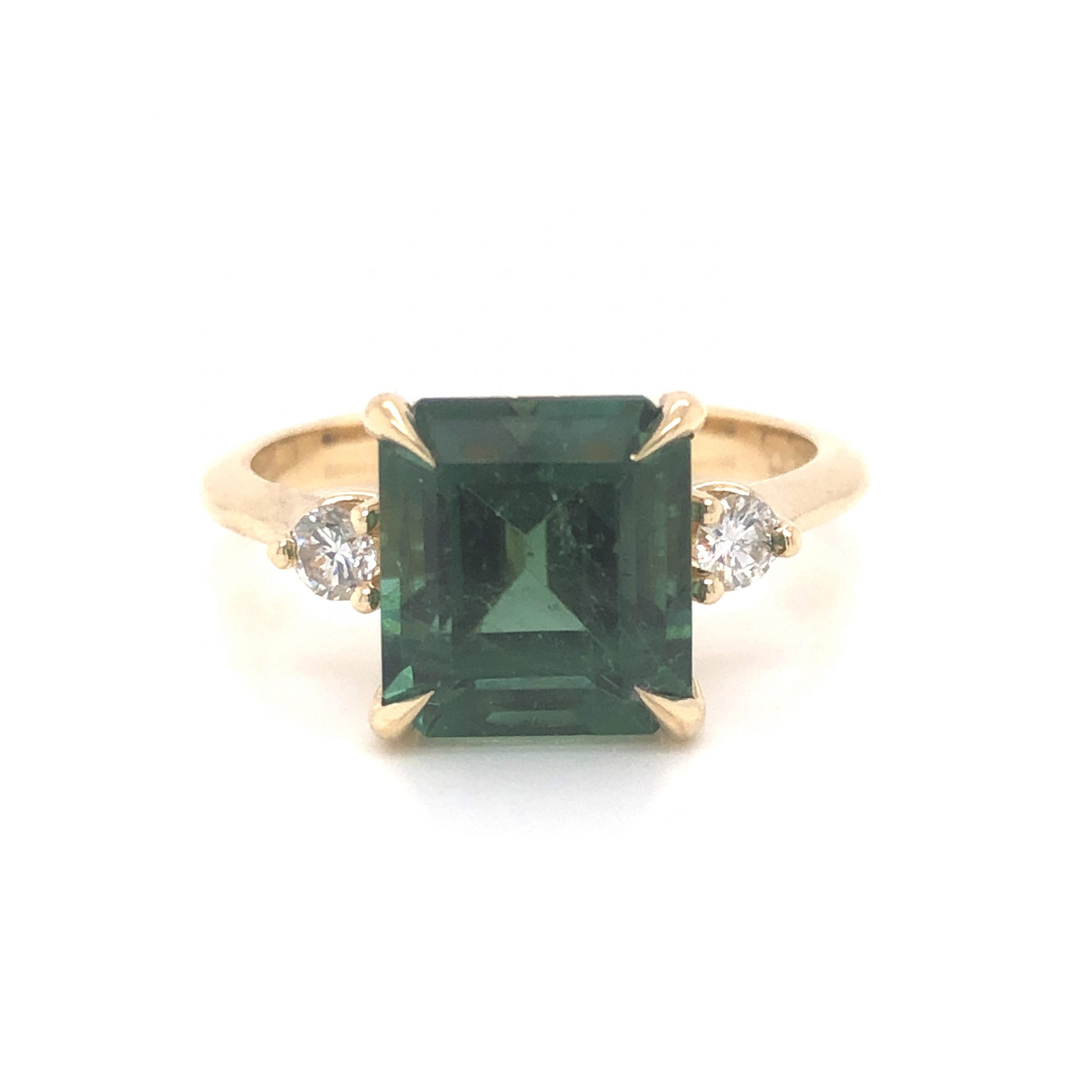 3.66 Square Emerald Cut Tourmaline & Diamond Ring in 14k Yellow GoldComposition: PlatinumRing Size: 6.75Total Diamond Weight: .14 ctTotal Gram Weight: 4.25 gInscription: 14k