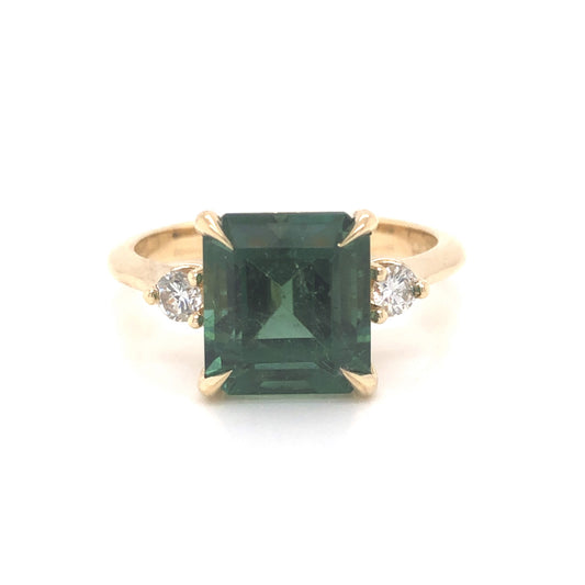 3.66 Square Emerald Cut Tourmaline & Diamond Ring in 14k Yellow Gold