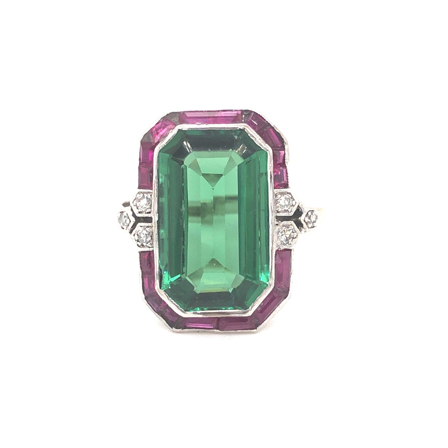 4.81 Art Deco Tourmaline & Ruby Ring with Diamonds in 14k