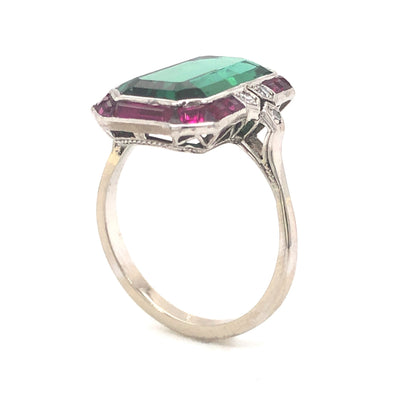 4.81 Art Deco Tourmaline & Ruby Ring with Diamonds in 14k