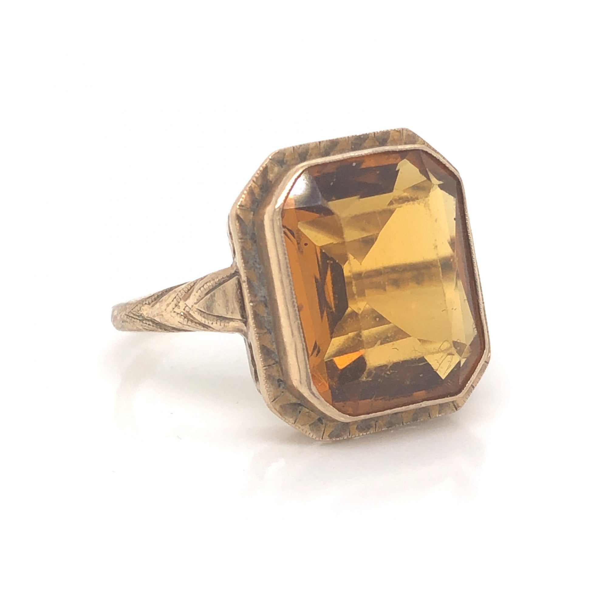 Art Deco Citrine Cocktail Ring in 14k Yellow Gold