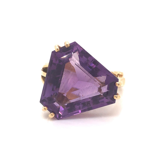 Triangular Amethyst Cocktail Ring in 14k Yellow Gold