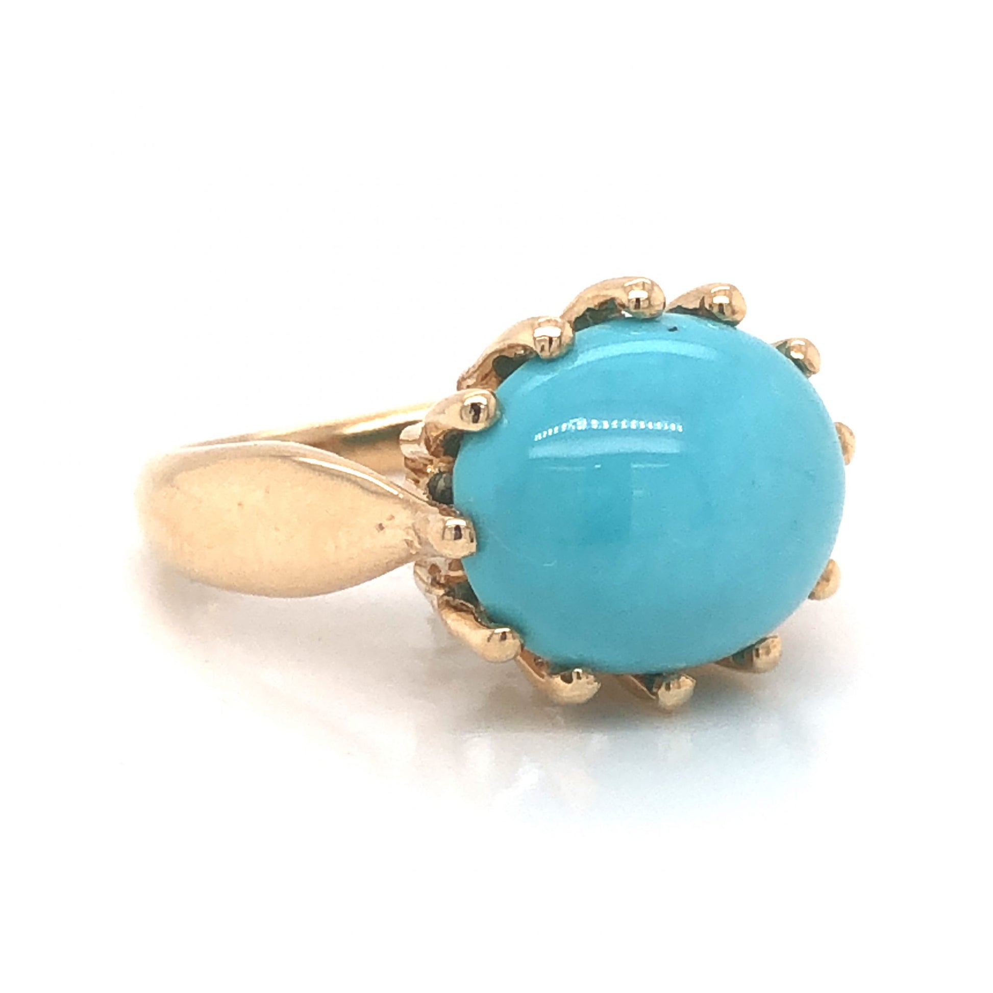 Mid-Century Turquoise Cocktail Ring in 14k Yellow GoldComposition: Platinum Ring Size: 4 Total Gram Weight: 6.6 g Inscription: 14k MJZ CHINA
      