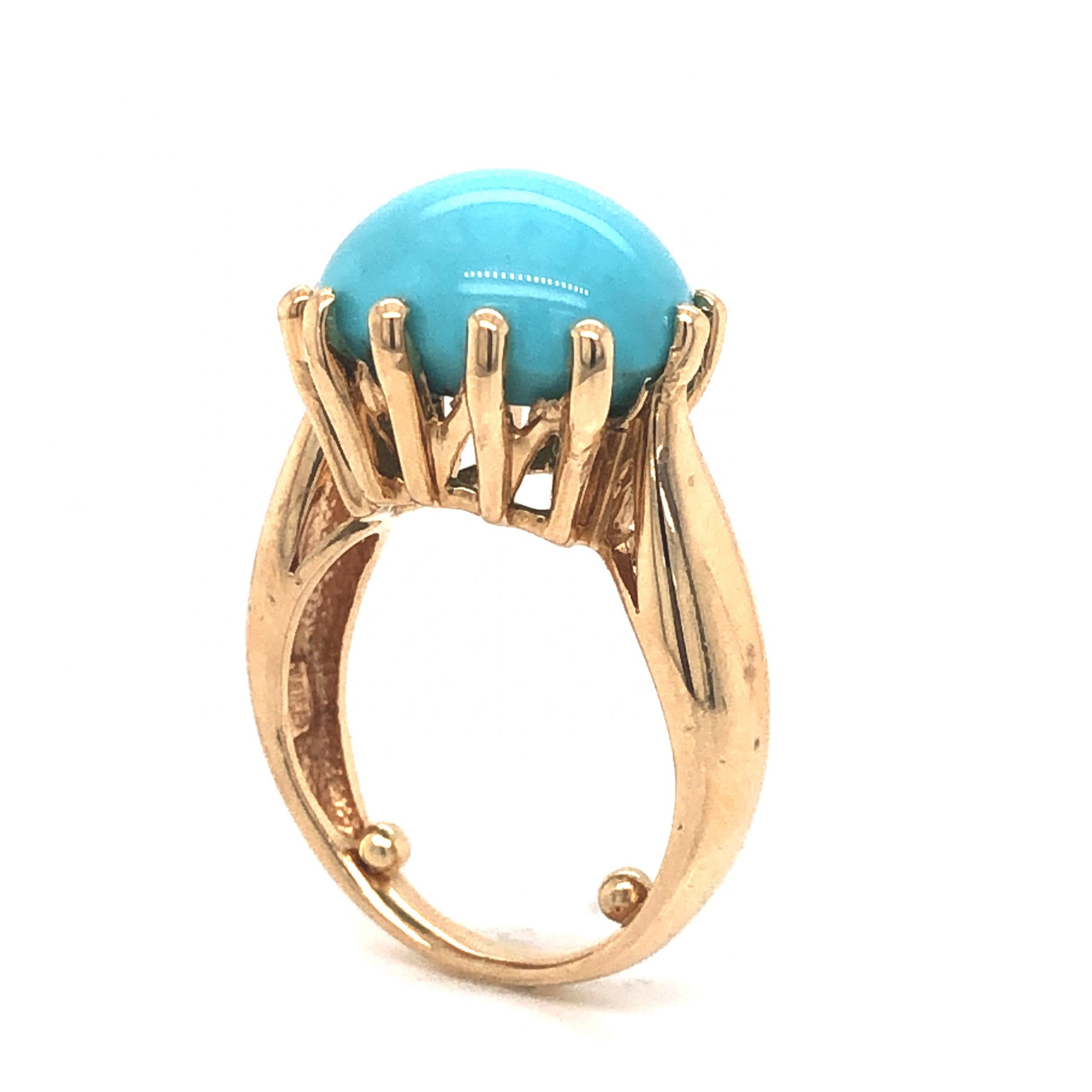 Mid-Century Turquoise Cocktail Ring in 14k Yellow GoldComposition: Platinum Ring Size: 4 Total Gram Weight: 6.6 g Inscription: 14k MJZ CHINA
      