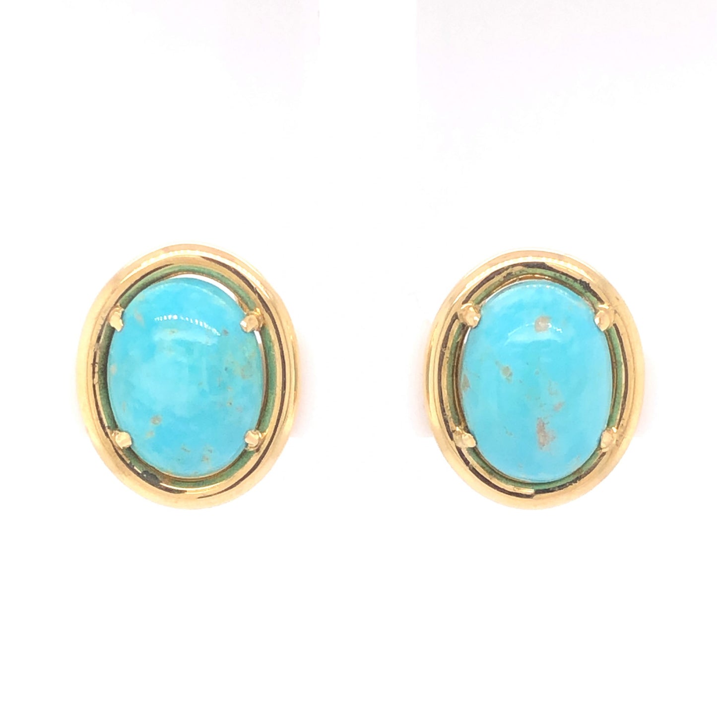 Mid-Century Oval Cut Turquoise Clip On Earrings 14k Yellow Gold