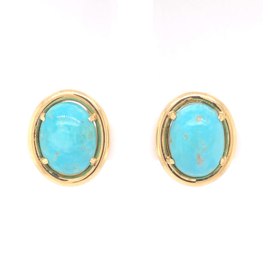 Mid-Century Oval Cut Turquoise Clip On Earrings 14k Yellow Gold