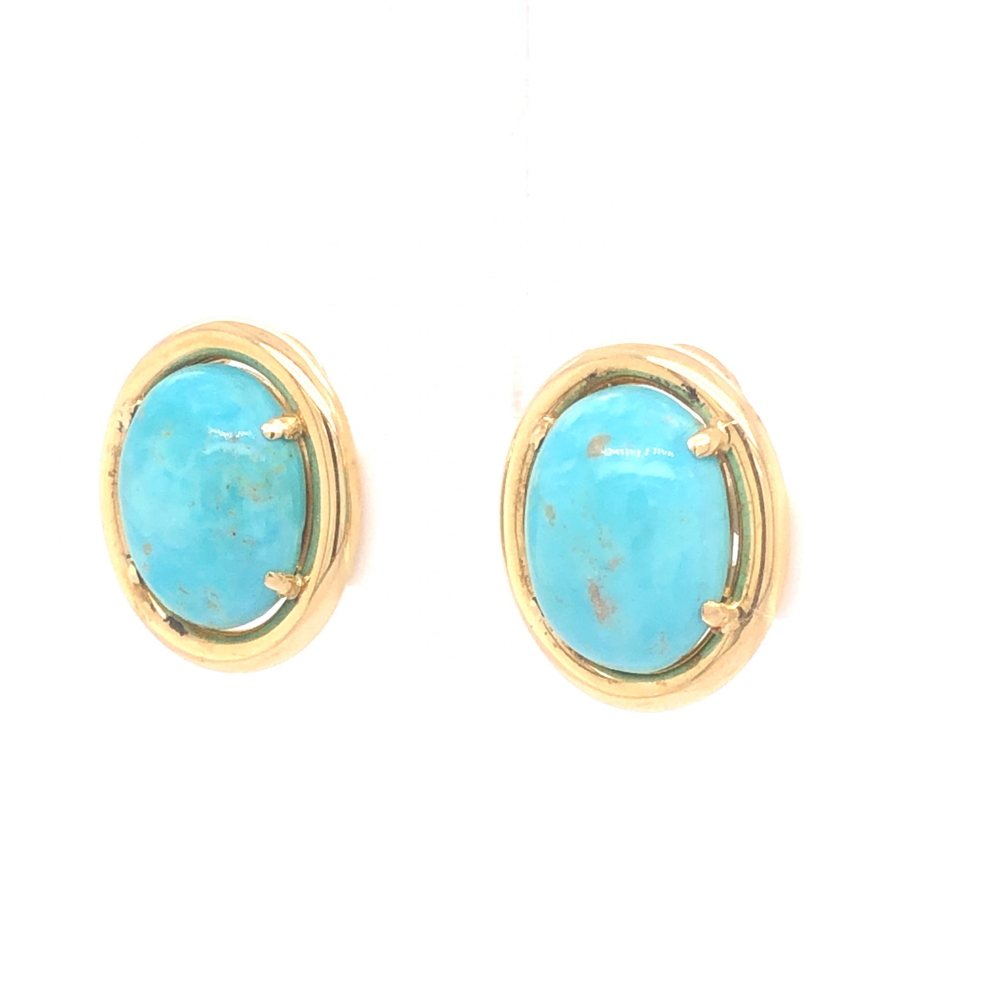 Mid-Century Oval Cut Turquoise Clip On Earrings 14k Yellow Gold
