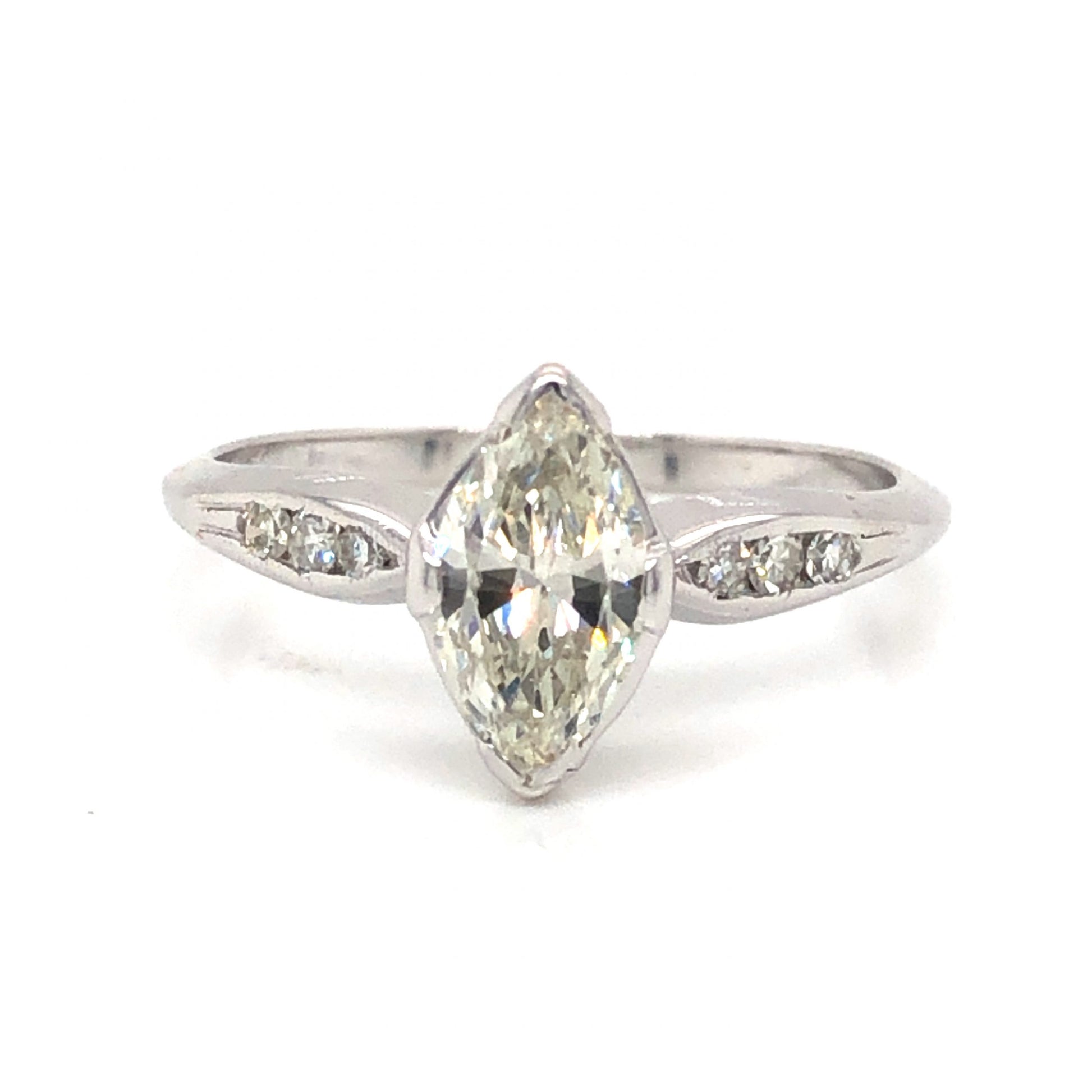 .75 Art Deco Marquise Diamond Engagement Ring in 18k White GoldComposition: 18 Karat White Gold Ring Size: 7 Total Diamond Weight: .955ct Total Gram Weight: 2.5 g Inscription: K & P , 18K
      
