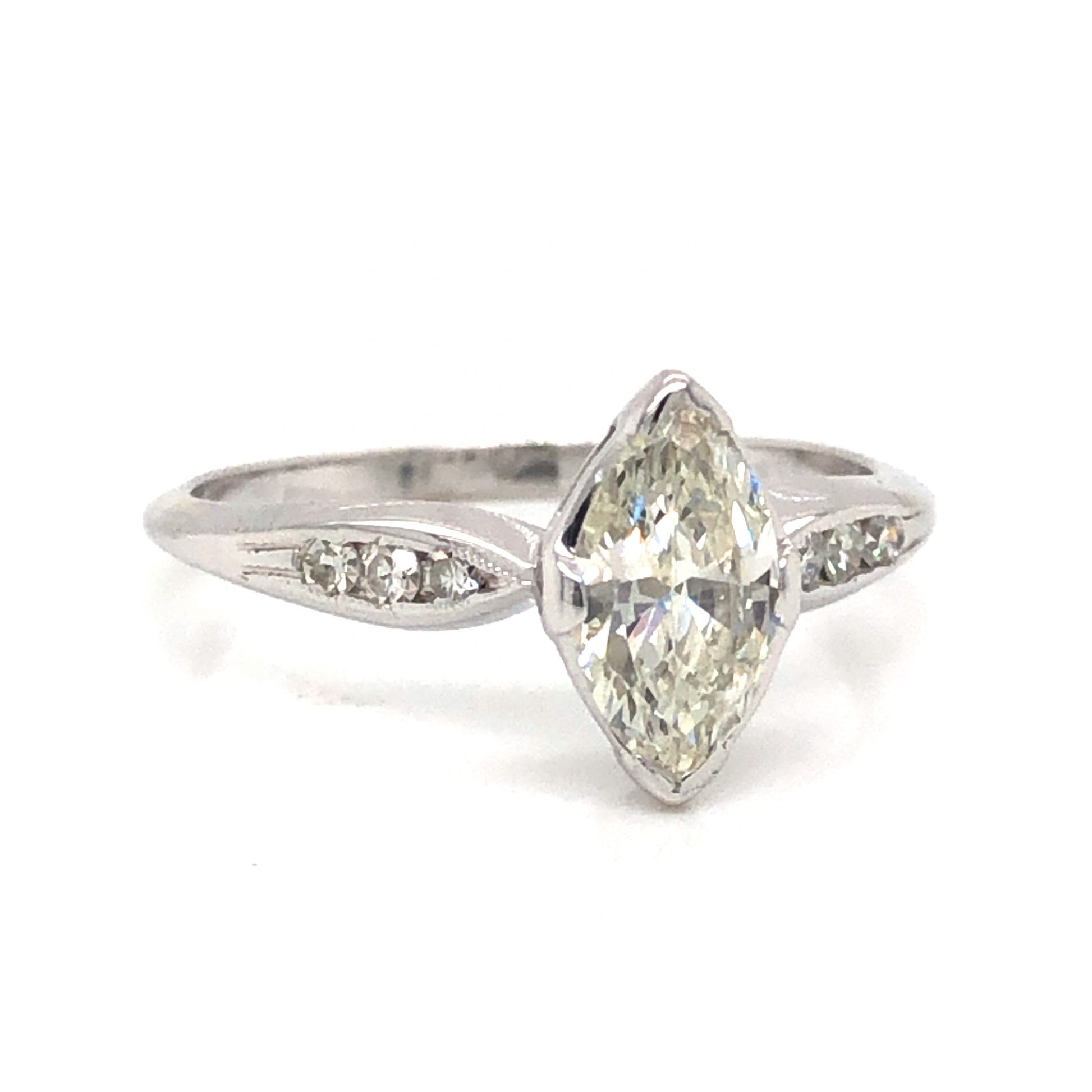 .75 Art Deco Marquise Diamond Engagement Ring in 18k White GoldComposition: 18 Karat White Gold Ring Size: 7 Total Diamond Weight: .955ct Total Gram Weight: 2.5 g Inscription: K & P , 18K
      