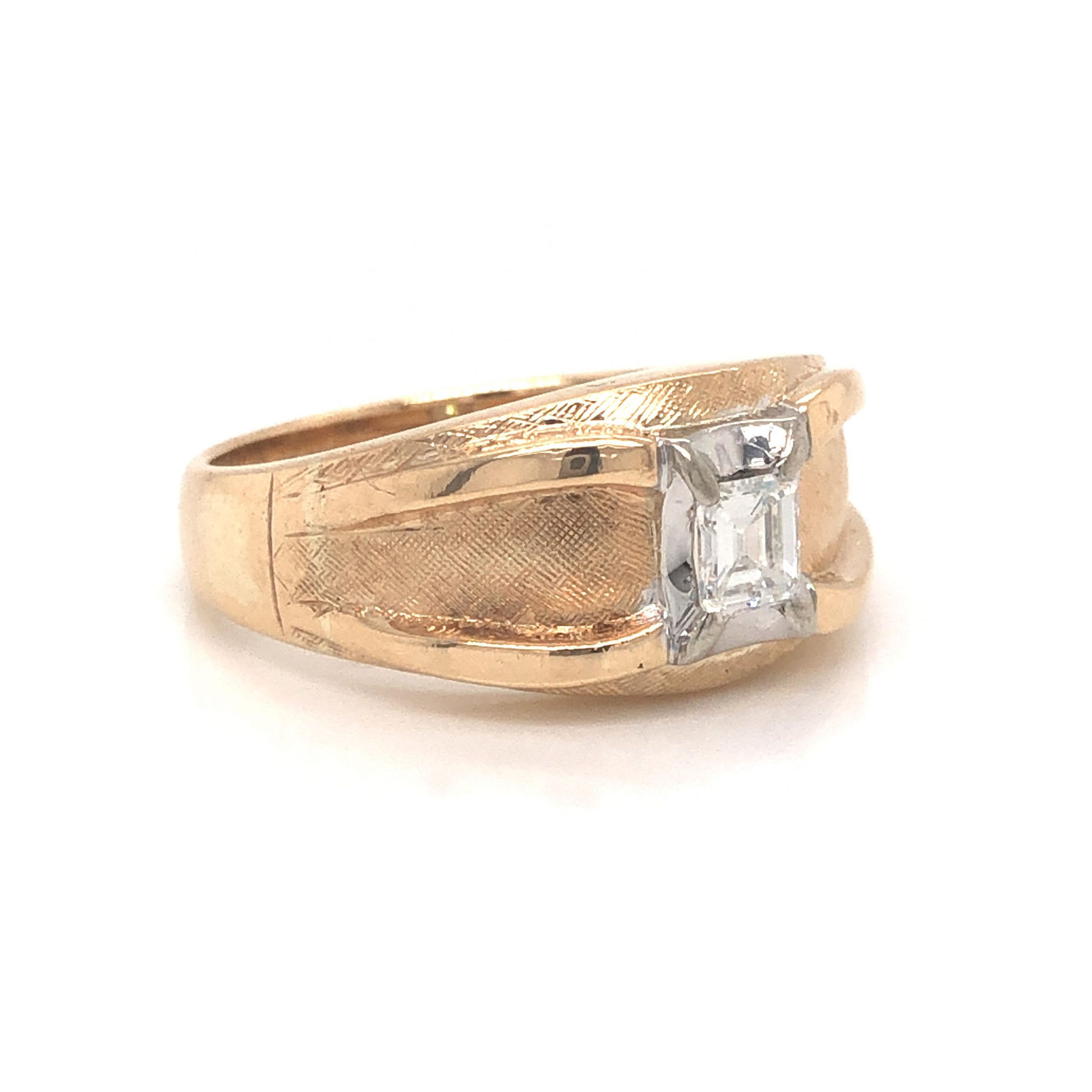 .24 Mid-Century Emerald Cut Diamond Ring in 14k Yellow GoldaComposition: 14 Karat White Gold/14 Karat Yellow Gold Ring Size: 7.5 Total Diamond Weight: .24ct Total Gram Weight: 7.1 g Inscription: 14k, K.M.D. TO J.L.M. 9-9-61
      