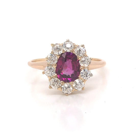 Victorian Pink Sapphire & Diamond Ring in 14k Yellow Gold