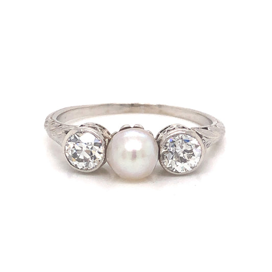 Art Deco Natural Pearl & Diamond Ring in Platinum