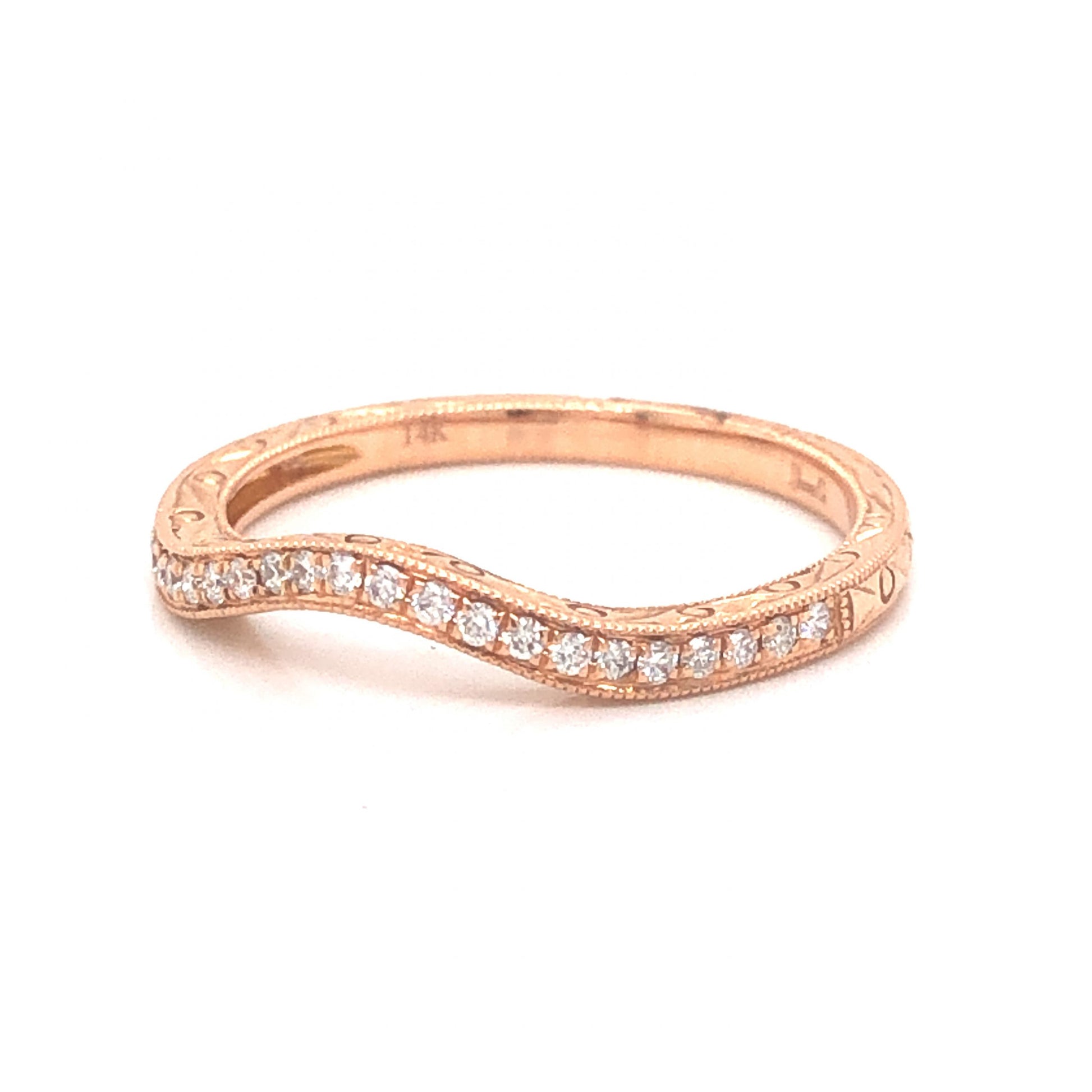 .11 Engraved Curved Diamond Wedding Band in 14k Rose GoldComposition: 14 Karat Rose Gold Ring Size: 6 Total Diamond Weight: .115ct Total Gram Weight: 1.7 g Inscription: 14k 
      