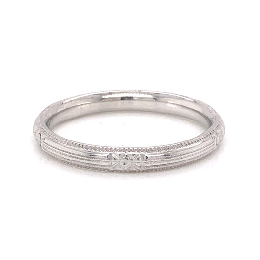 Engraved Milgrain Art Deco Wedding Band in 18k White Gold