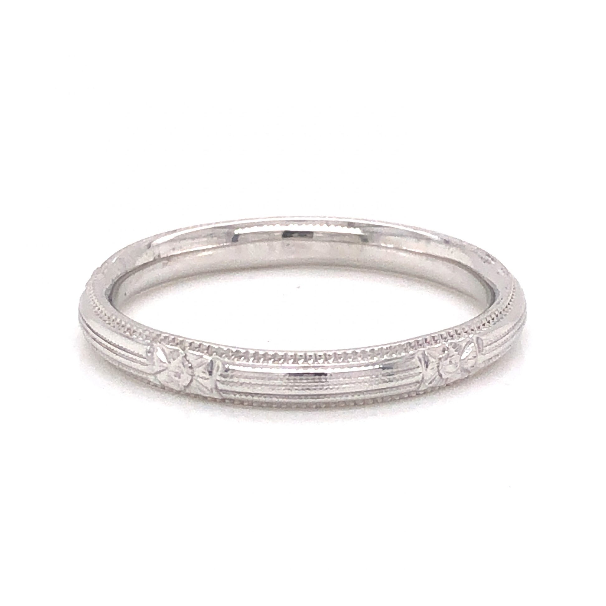 Engraved Milgrain Art Deco Wedding Band in 18k White GoldComposition: Platinum Ring Size: 7 Total Gram Weight: 2.8 g Inscription: 18K-B
      