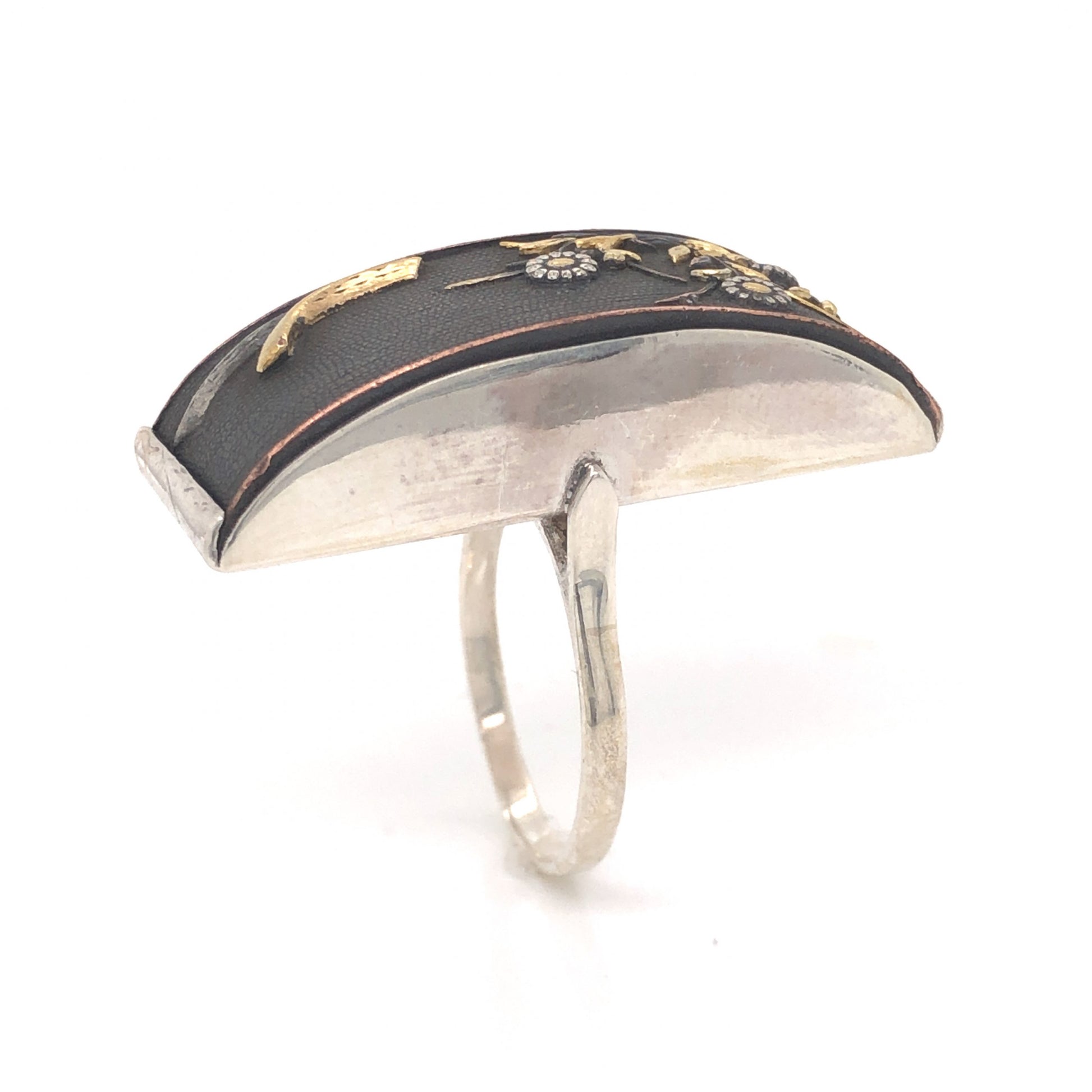 Mid-Century Shakudo Cocktail Ring in Sterling Silver