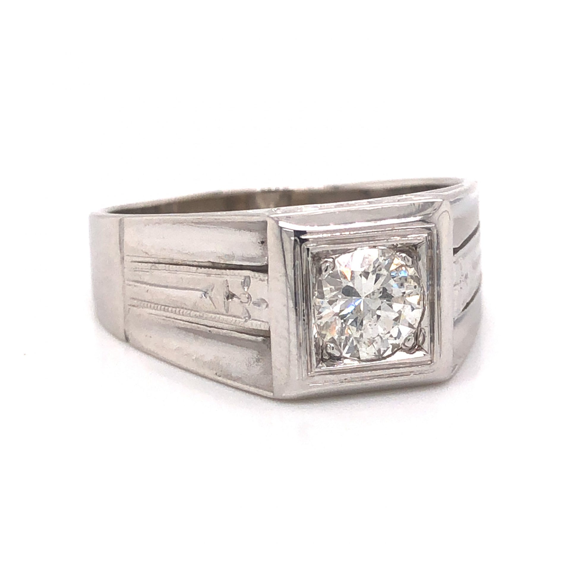 1930's Art Deco Men's Diamond Ring in 14k White GoldComposition: PlatinumRing Size: 10.75Total Diamond Weight: .86 ctTotal Gram Weight: 6.5 gInscription: B-L14K