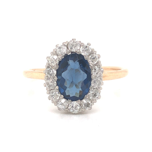 Victorian Oval Cut Sapphire & Diamond Ring in 14k Gold & Platinum