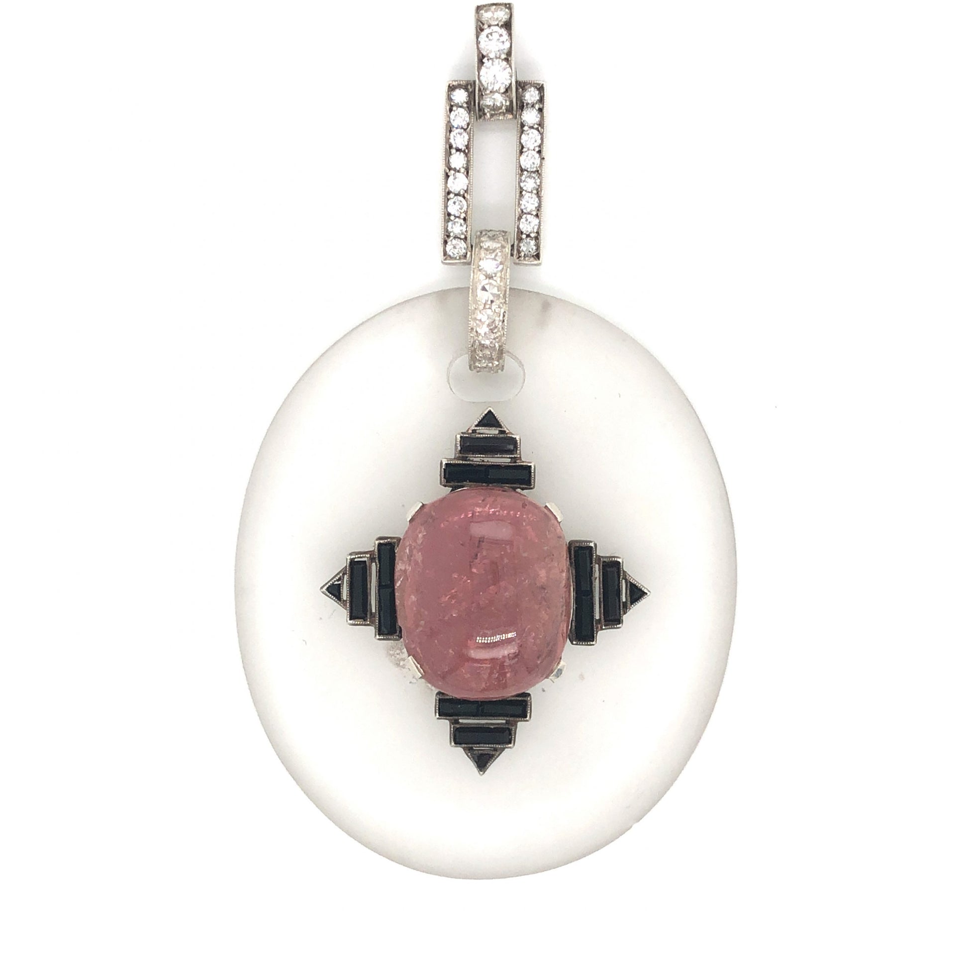 Pink Tourmaline Pendant w/ Diamonds in Sterling SilverComposition: Sterling SilverTotal Diamond Weight: 1.04 ctTotal Gram Weight: 25.3 gInscription: German Sterling