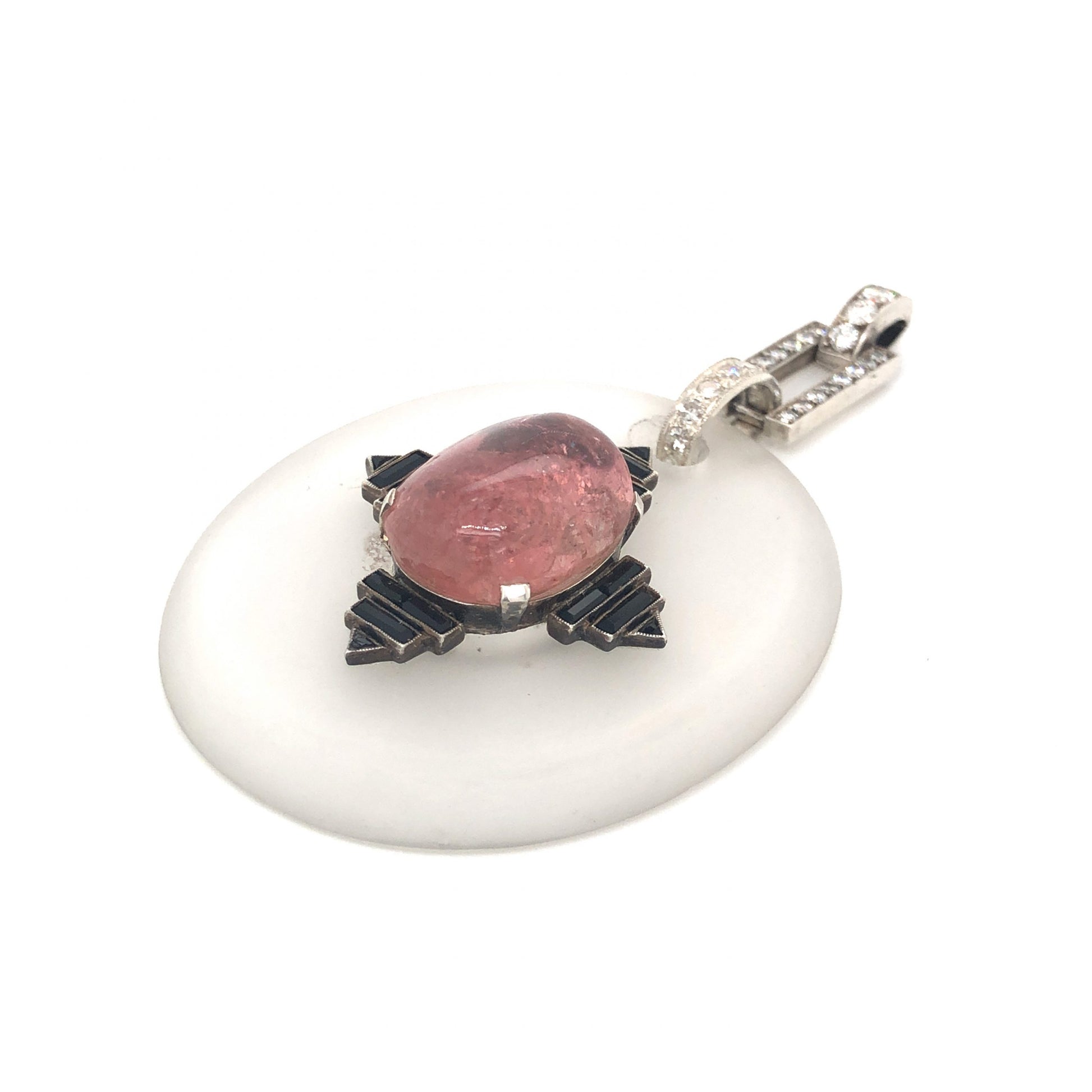Pink Tourmaline Pendant w/ Diamonds in Sterling SilverComposition: Sterling SilverTotal Diamond Weight: 1.04 ctTotal Gram Weight: 25.3 gInscription: German Sterling