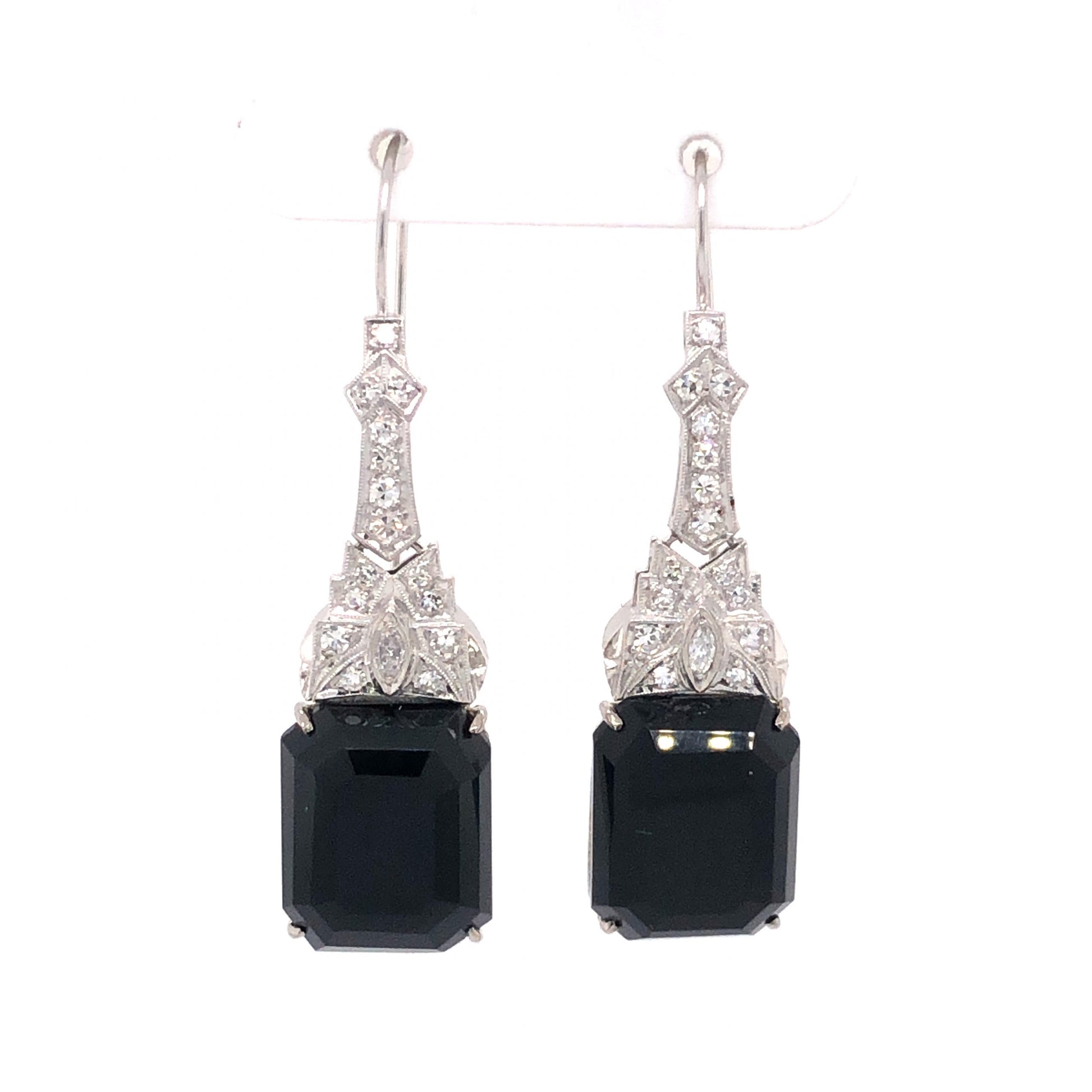 .62 Art Deco Diamond & Onyx Drop Earrings in PlatinumComposition: PlatinumTotal Diamond Weight: .62 ctTotal Gram Weight: 8.3 g