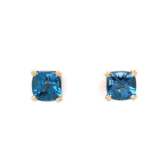 Checkerboard Faceted Blue Topaz Stud Earrings in 14k Yellow Gold