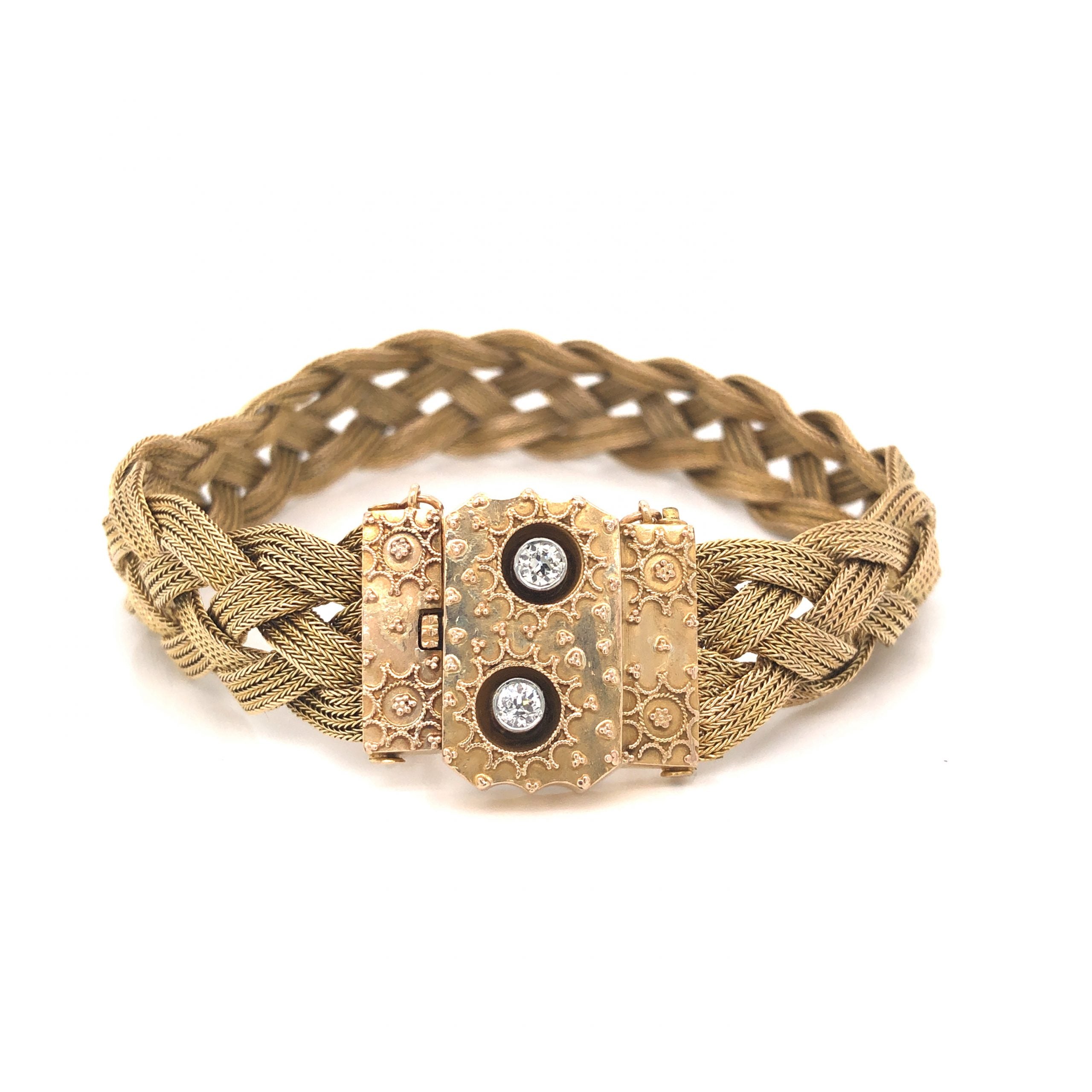 Victorian Braided Bracelet w Diamonds in 14k Yellow Gold