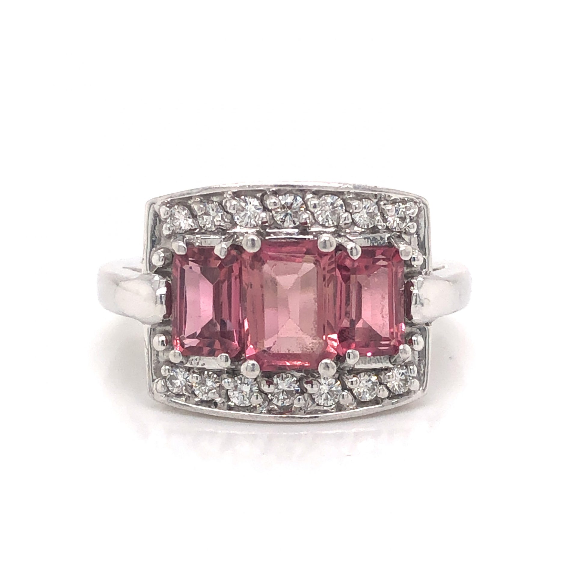 Pink Tourmaline & Diamond Cocktail Ring in 14k White GoldComposition: Platinum Ring Size: 7.25 Total Diamond Weight: .24ct Total Gram Weight: 8.4 g Inscription: 14k
      