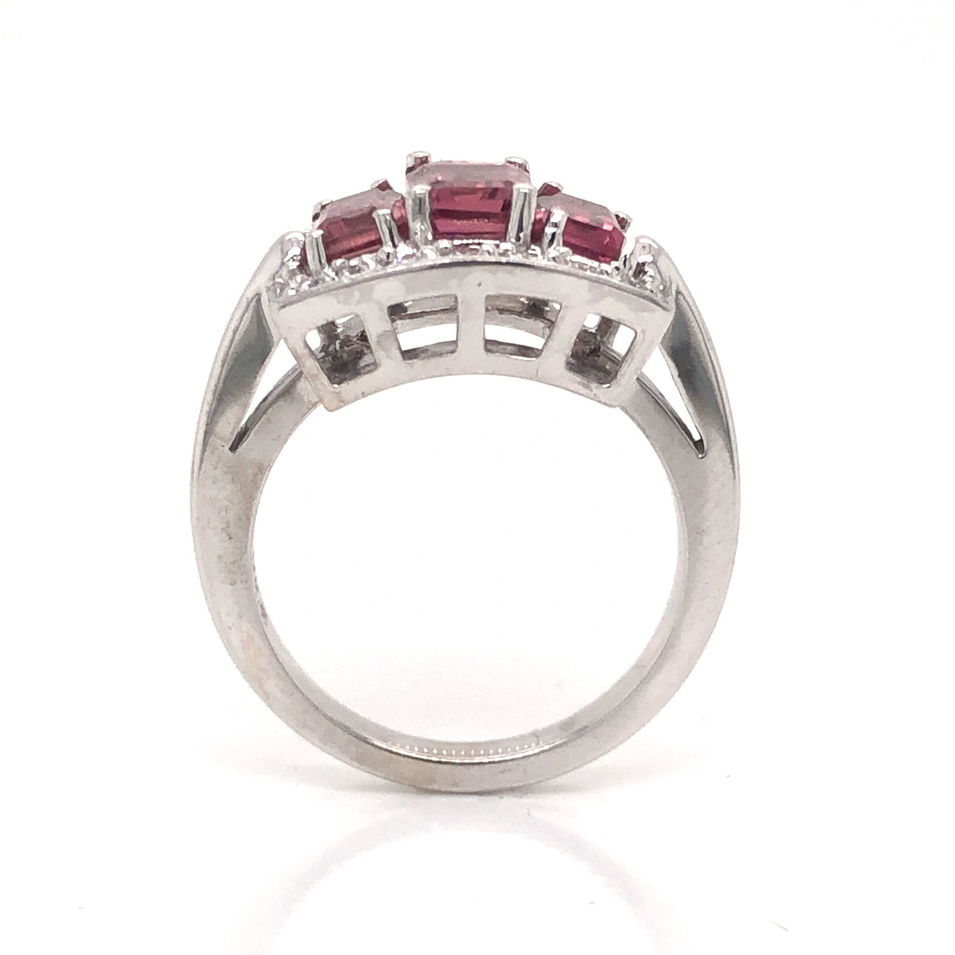 Pink Tourmaline & Diamond Cocktail Ring in 14k White GoldComposition: Platinum Ring Size: 7.25 Total Diamond Weight: .24ct Total Gram Weight: 8.4 g Inscription: 14k
      