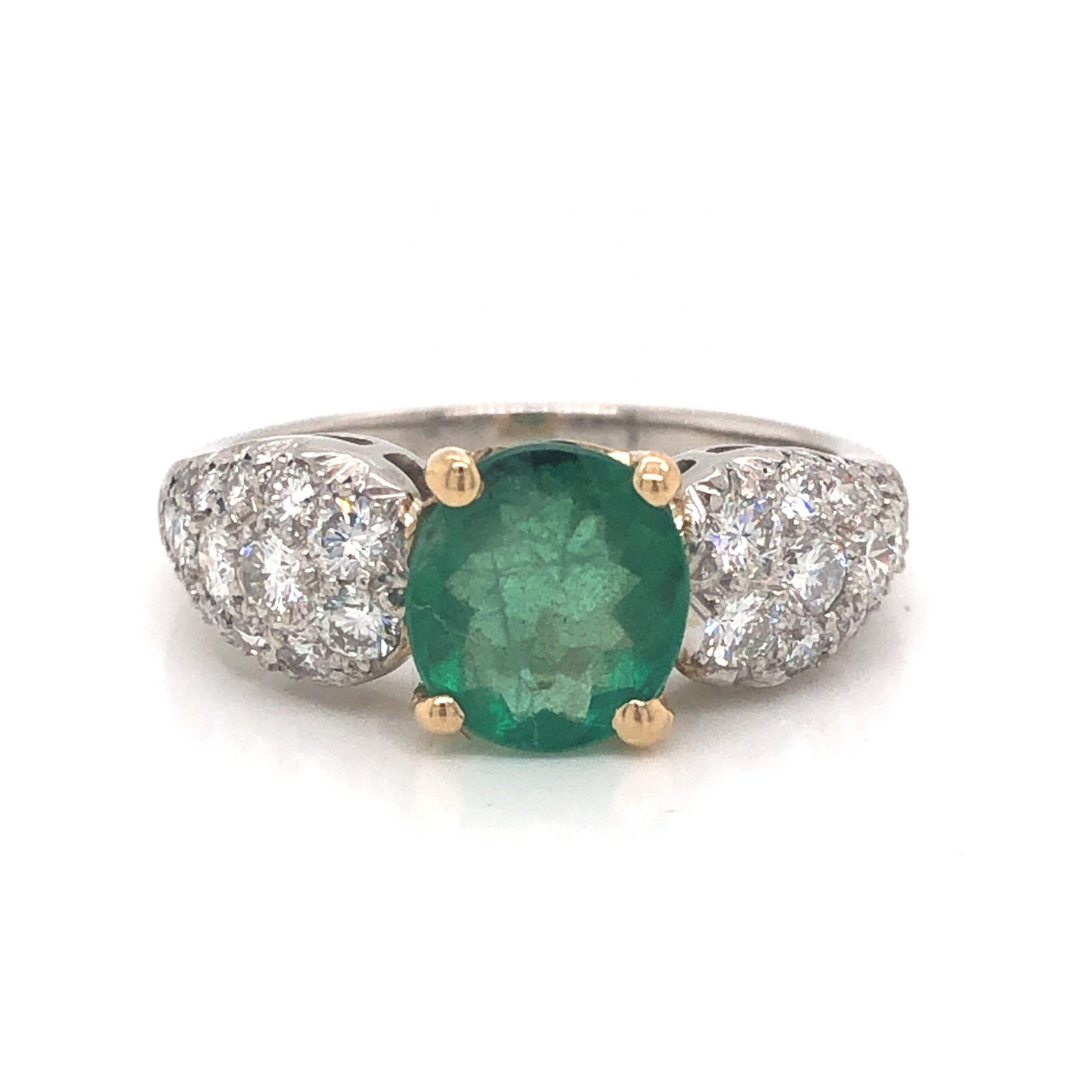 1.39 Oval Cut Emerald & Pave Diamond Ring in Platinum & 14k