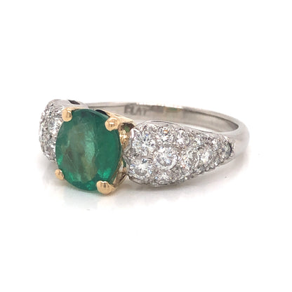 1.39 Oval Cut Emerald & Pave Diamond Ring in Platinum & 14k