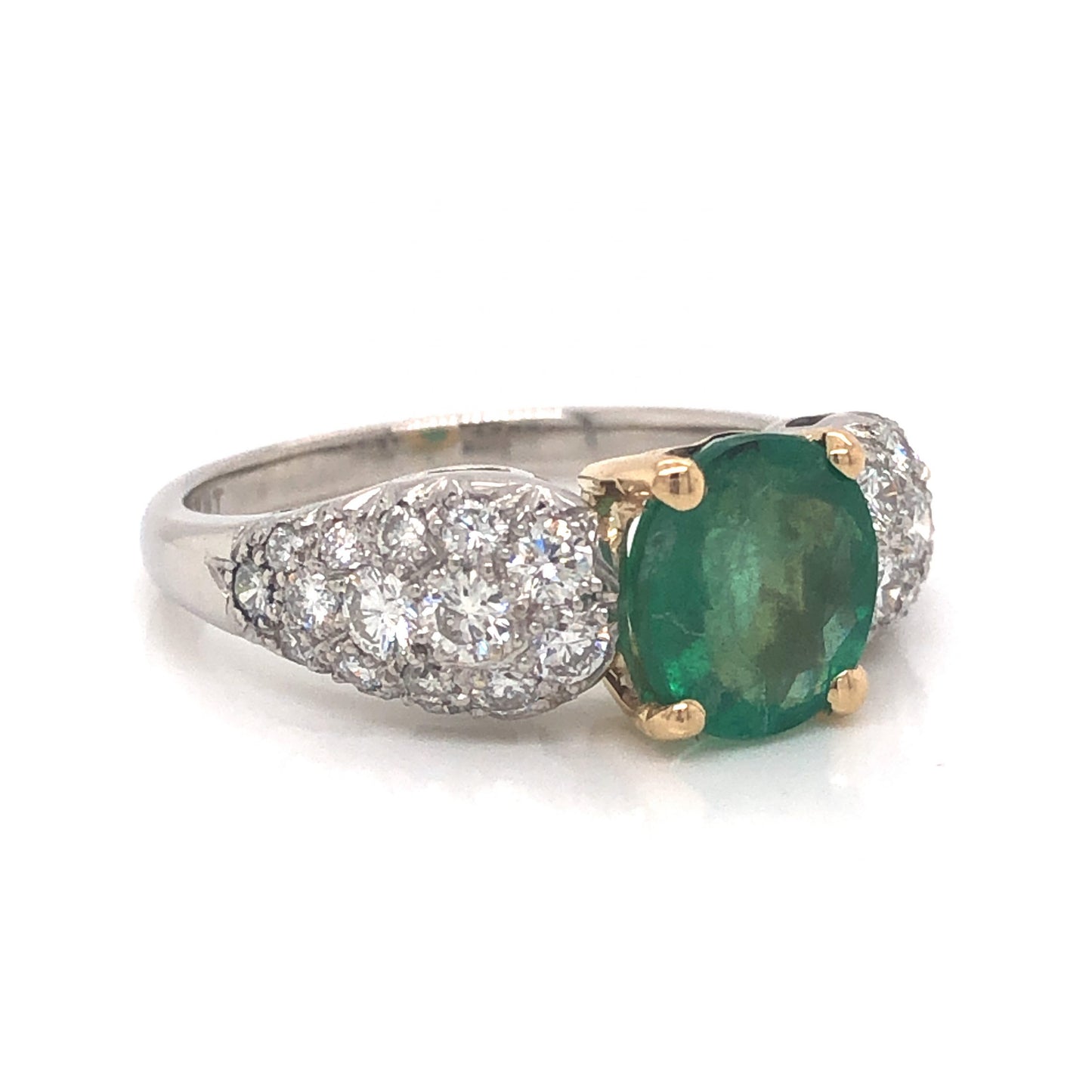 1.39 Oval Cut Emerald & Pave Diamond Ring in Platinum & 14k