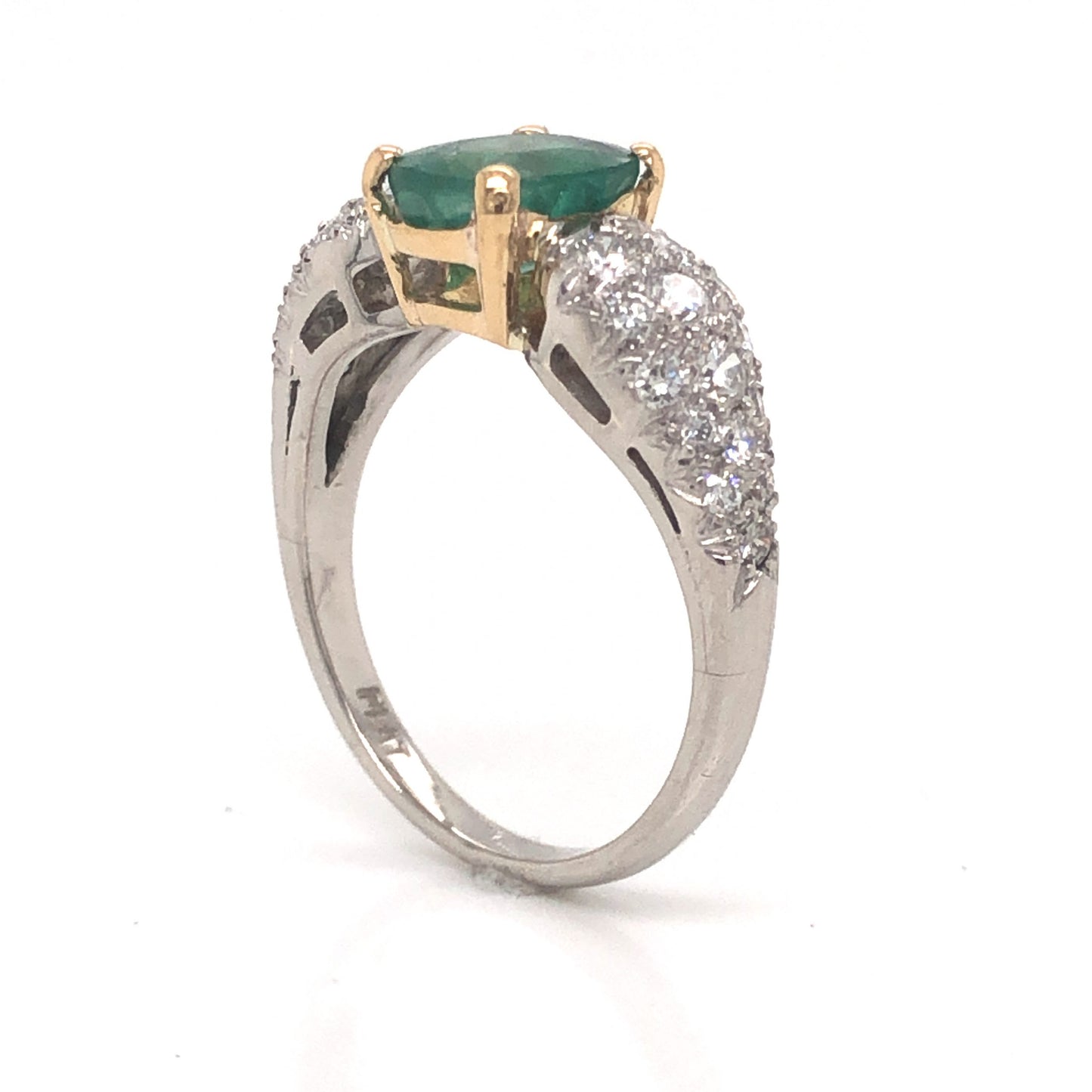 1.39 Oval Cut Emerald & Pave Diamond Ring in Platinum & 14k