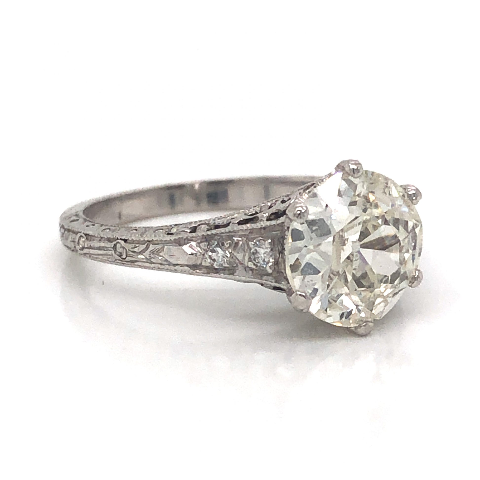 1.52 Art Deco Diamond Filigree Engagement Ring in PlatinumComposition: PlatinumRing Size: 4.25Total Diamond Weight: 1.58 ctTotal Gram Weight: 4.0 gInscription: PLAT , 3