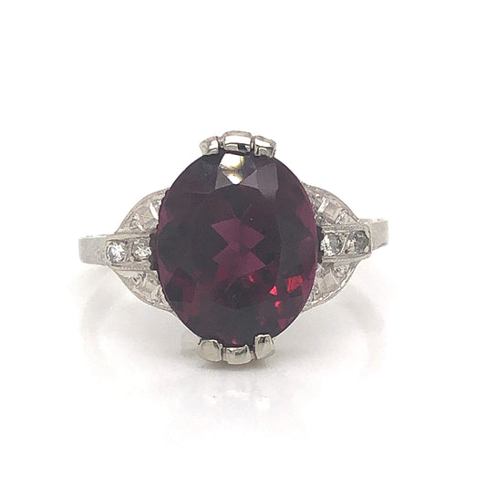 Art Deco Garnet Cocktail Ring w/ Diamonds in 14k White Gold