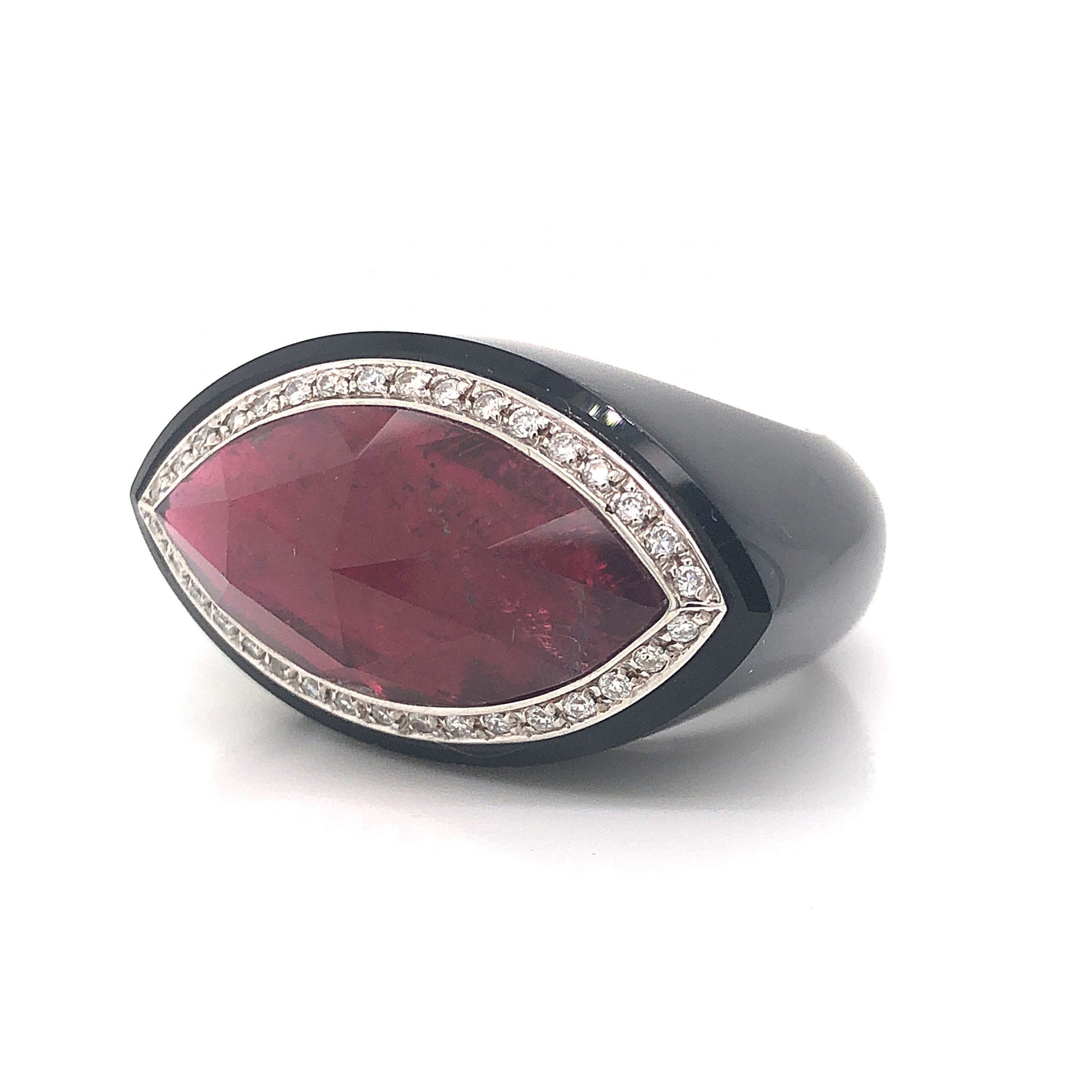 Pietra Di Luna Pink Tourmaline & Diamond Cocktail Ring in 18k White GoldComposition: Platinum Ring Size: 6.5 Total Diamond Weight: .54ct Total Gram Weight: 18.1 g Inscription: 161 FO, 750 ITALY , PIETRA DE LUNA 
      