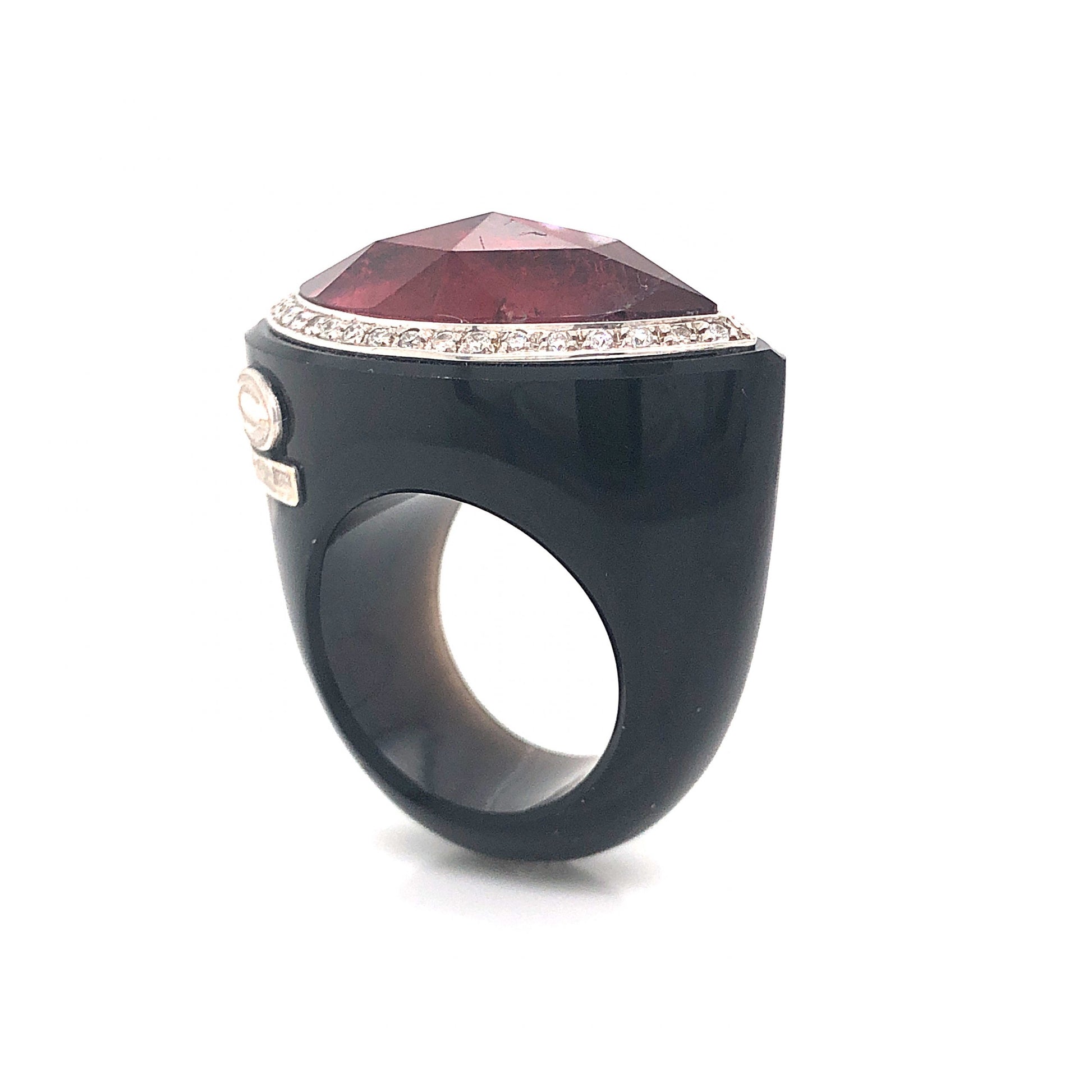 Pietra Di Luna Pink Tourmaline & Diamond Cocktail Ring in 18k White GoldComposition: Platinum Ring Size: 6.5 Total Diamond Weight: .54ct Total Gram Weight: 18.1 g Inscription: 161 FO, 750 ITALY , PIETRA DE LUNA 
      