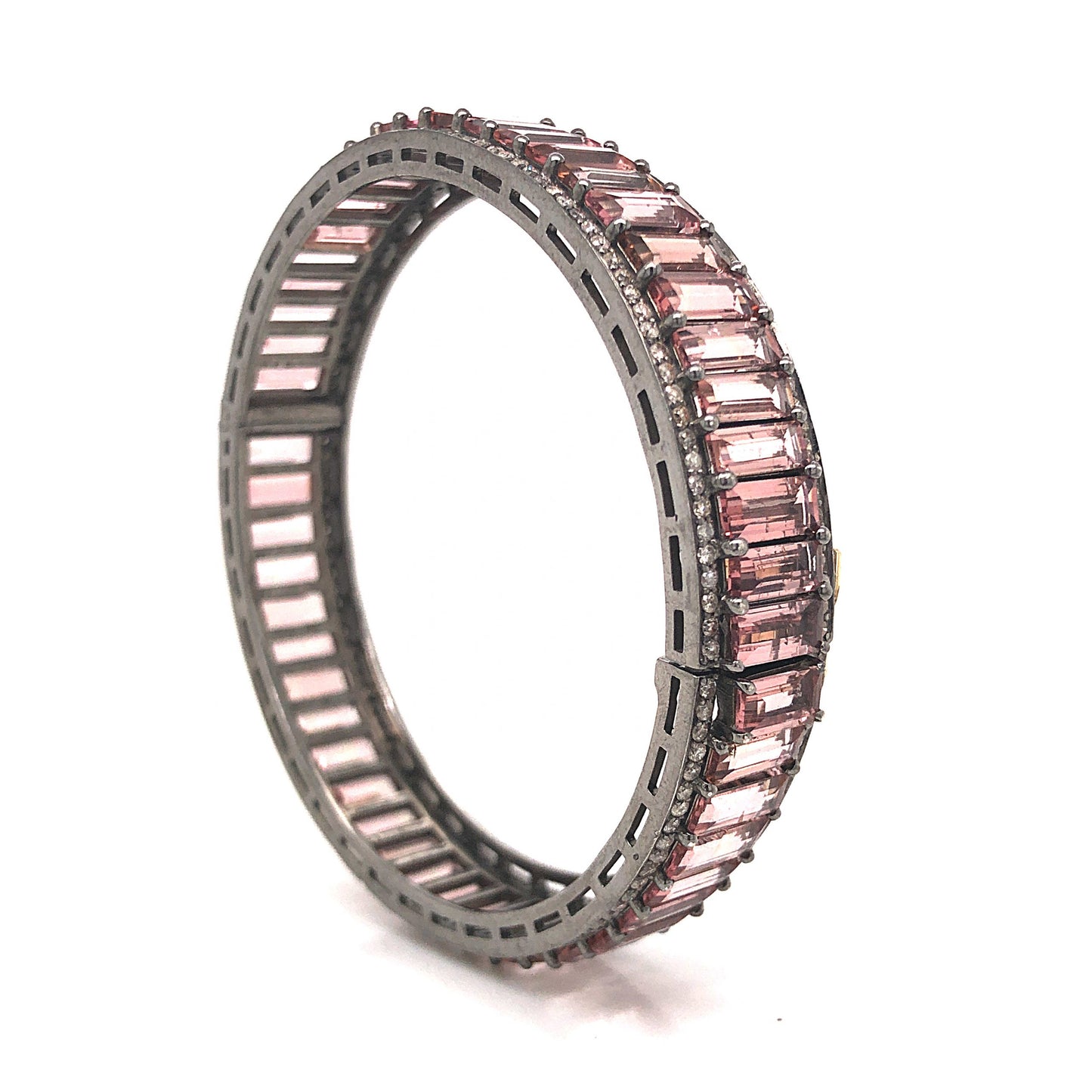 Pink Tourmaline Bangle Bracelet w/ Diamonds in Sterling Silver