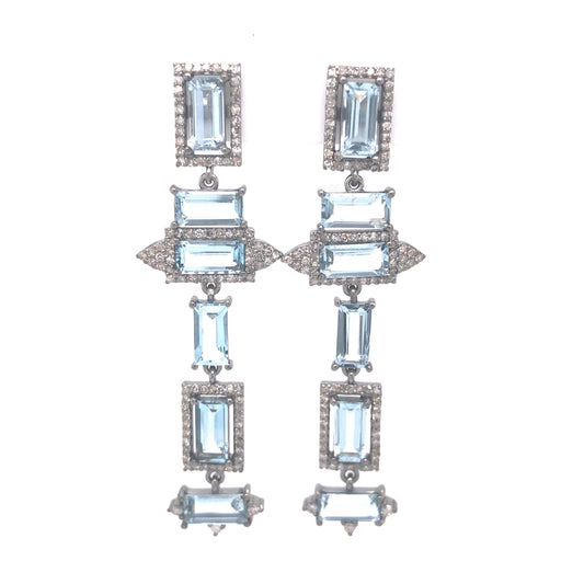 Aquamarine & Diamond Drop Earrings in Sterling Silver