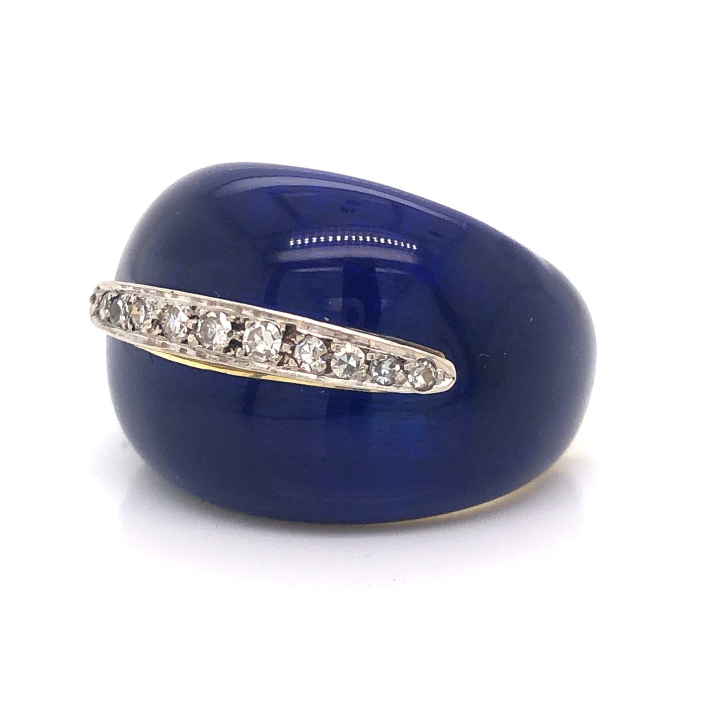 Blue Enamel Diamond Cocktail Ring in 18k Yellow Gold